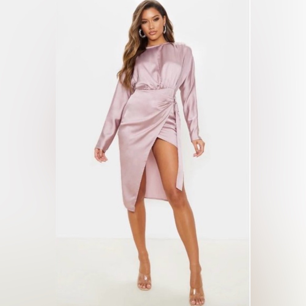 PrettyLittleThing Dusty Pink Satin Wrap High-Low Dress